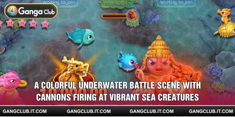 A colorful underwater battle scene with cannons firing at vibrant sea creatures