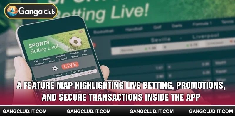 A feature map highlighting live betting, promotions, and secure transactions inside the app