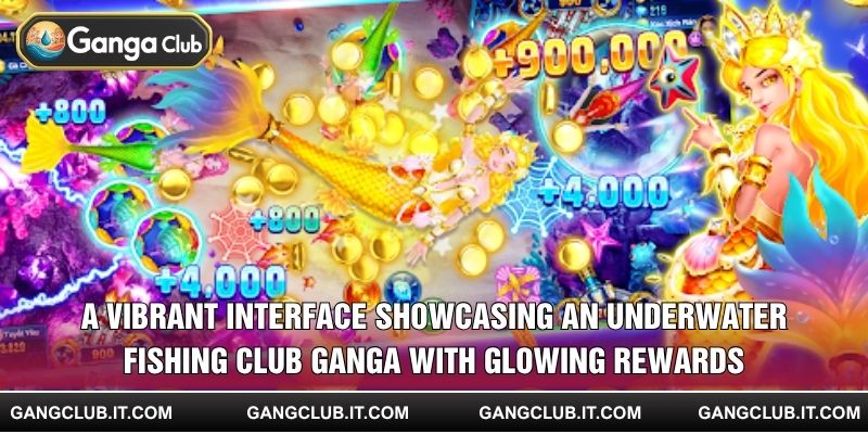 A vibrant interface showcasing an underwater Fishing Club Ganga with glowing rewards