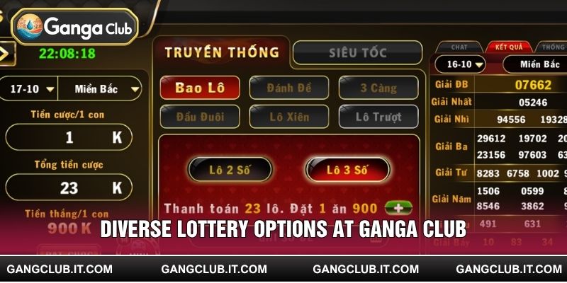 A vibrant interface showing multiple lottery rooms with real-time results and ticket options