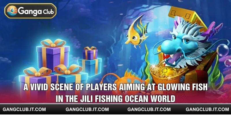 A vivid scene of players aiming at glowing fish in the Jili Fishing ocean world