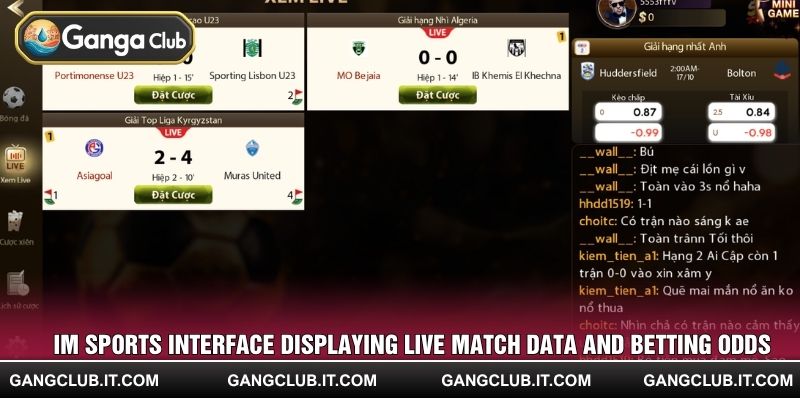 IM Sports interface displaying live match data and betting odds
