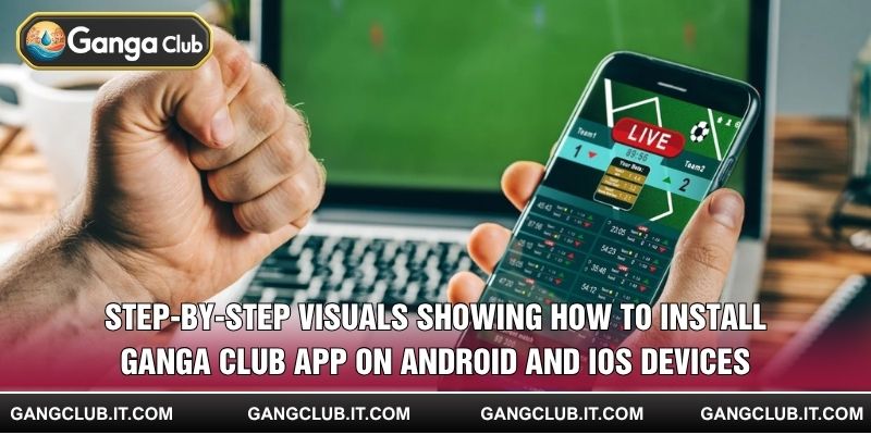 Step-by-step visuals showing how to install Ganga Club App on Android and iOS devices
